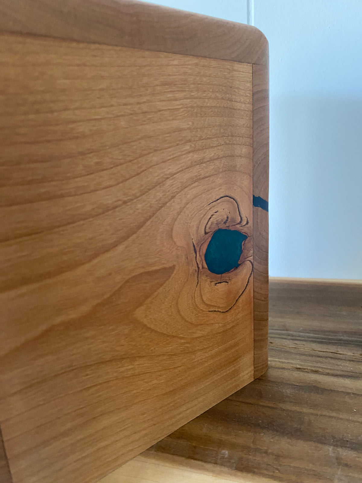 Minimalist Cremation Companion Urn-Cherry with green and blue epoxy, for Ashes, up to 100 pounds