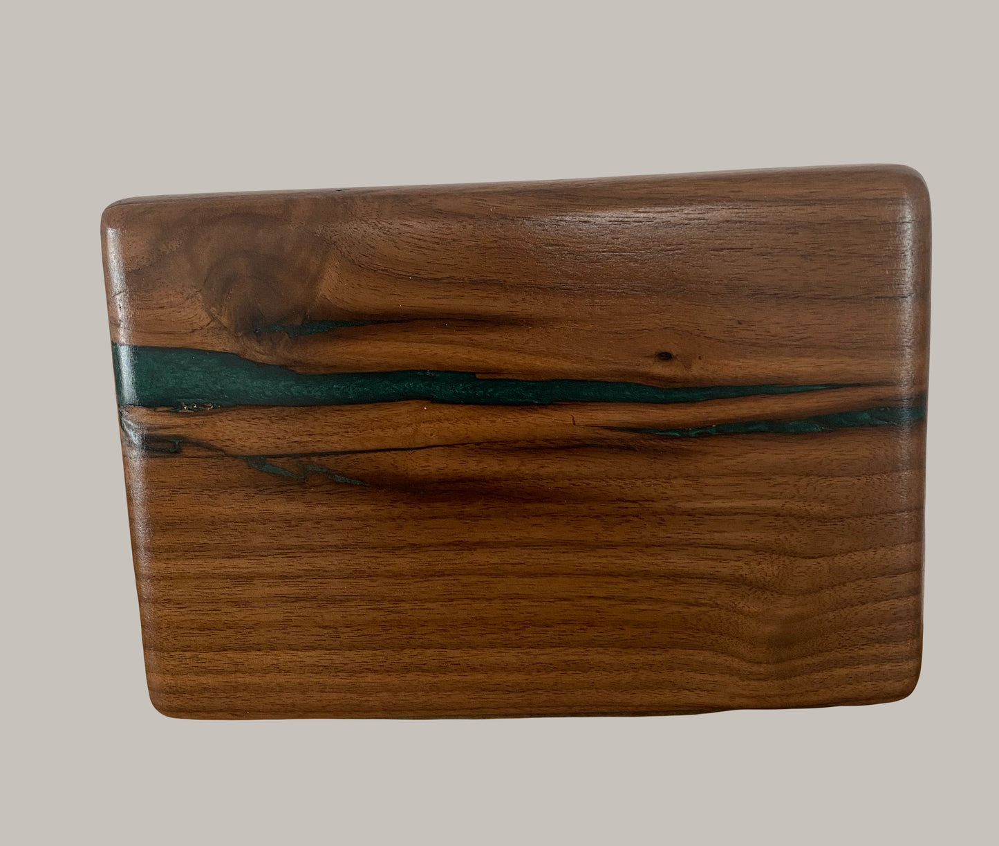 Minimalist Cremation Urn-Black Walnut, green epoxy, imperfect wood, for Adult Human Ashes, up to 250 pounds