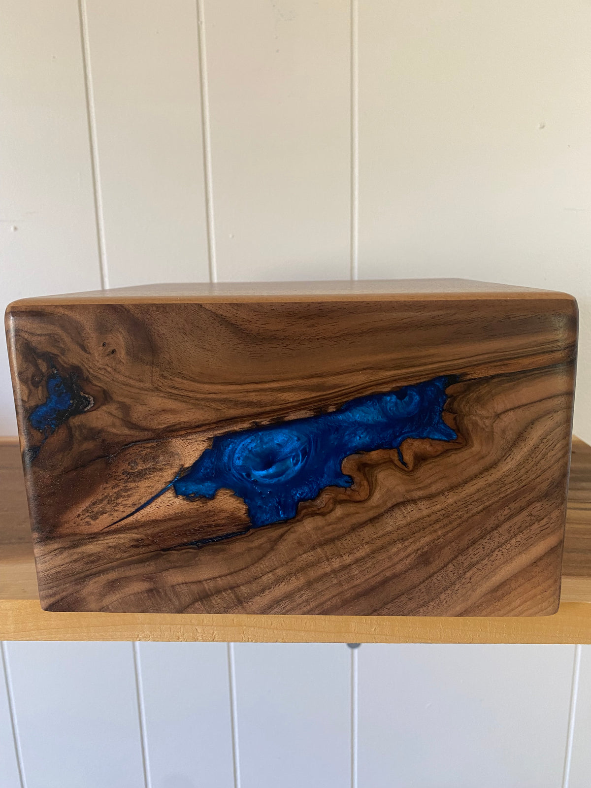 Minimalist Cremation Urn-Black, Walnut with blue epoxy for Adult Human Ashes, up to 200 pounds