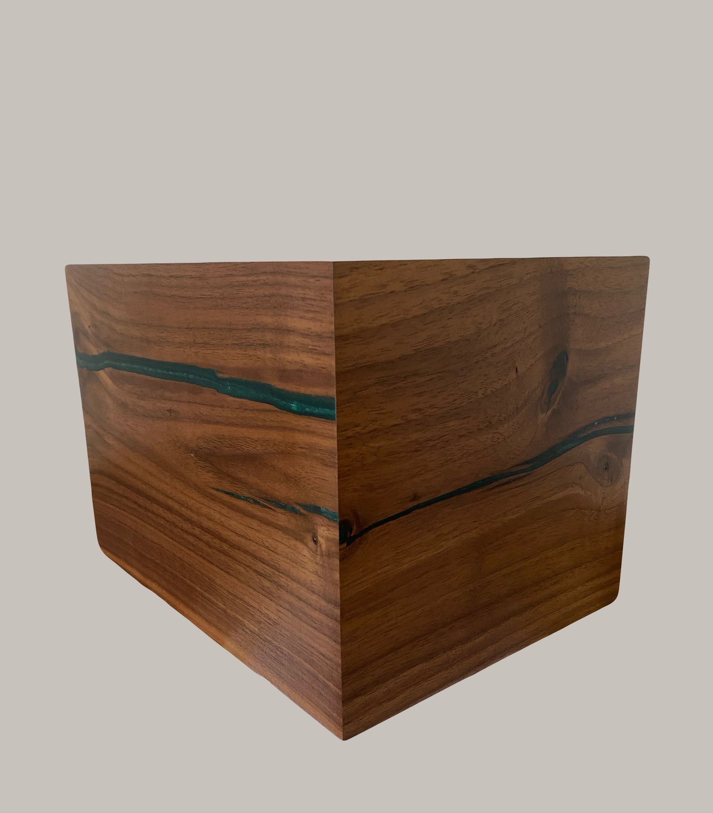 Minimalist Cremation Urn-Black Walnut, green and blue epoxy, imperfect wood, for Adult Human Ashes, up to 280 pounds