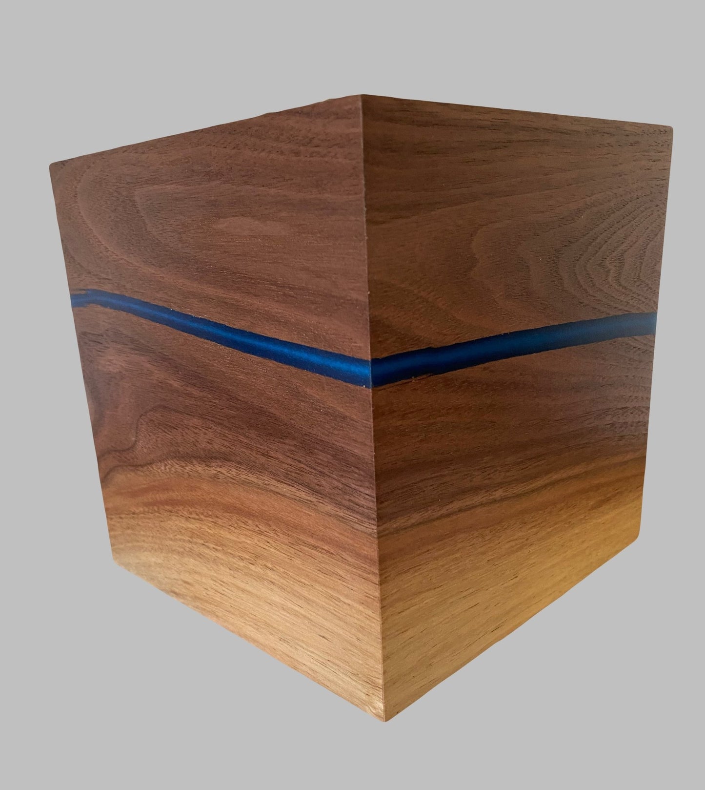 Minimalist Cremation Urn-Black Walnut, blue epoxy, marbled imperfect wood, for Adult Human Ashes, up to 215 pounds