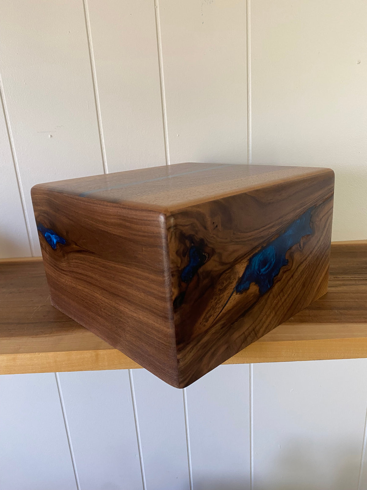 Minimalist Cremation Urn-Black, Walnut with blue epoxy for Adult Human Ashes, up to 200 pounds