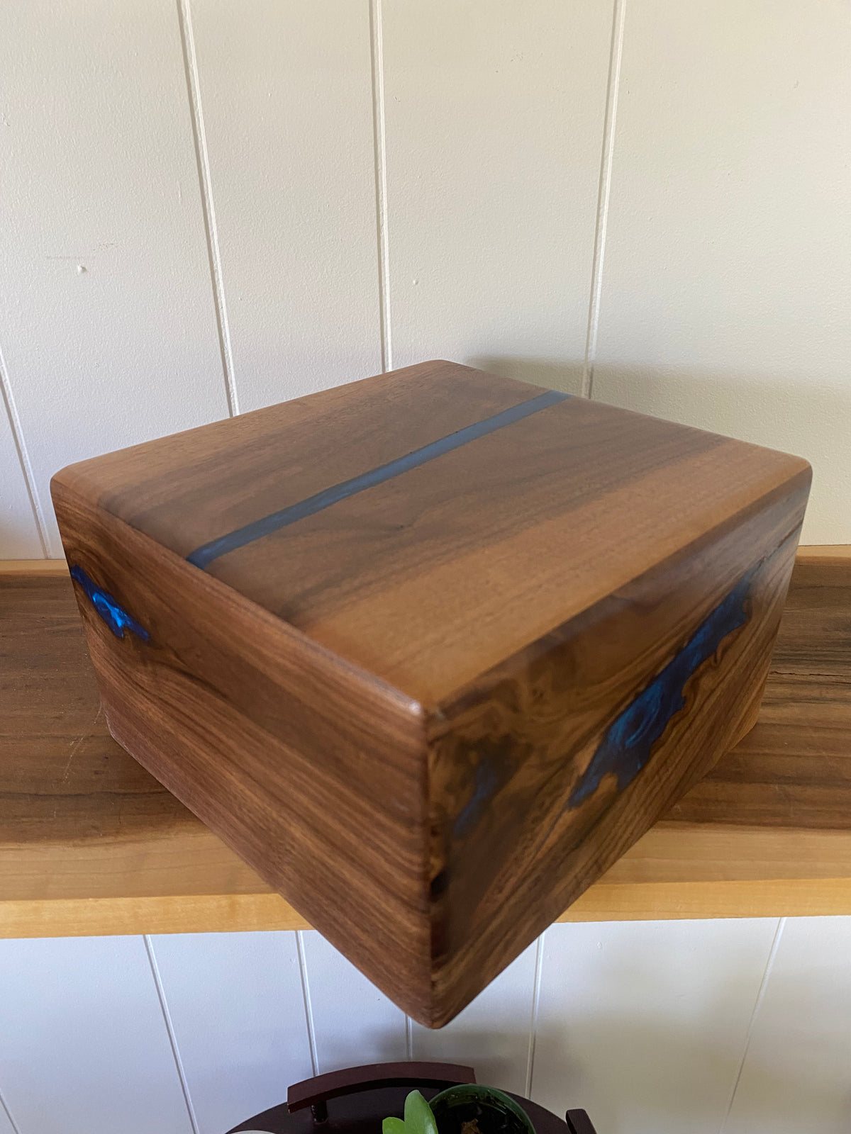 Minimalist Cremation Urn-Black, Walnut with blue epoxy for Adult Human Ashes, up to 200 pounds