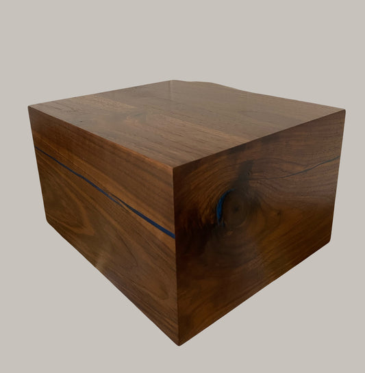 Minimalist Cremation Urn-Black Walnut, blue epoxy, marbled imperfect wood, for Adult Human Ashes, up to 300 pounds