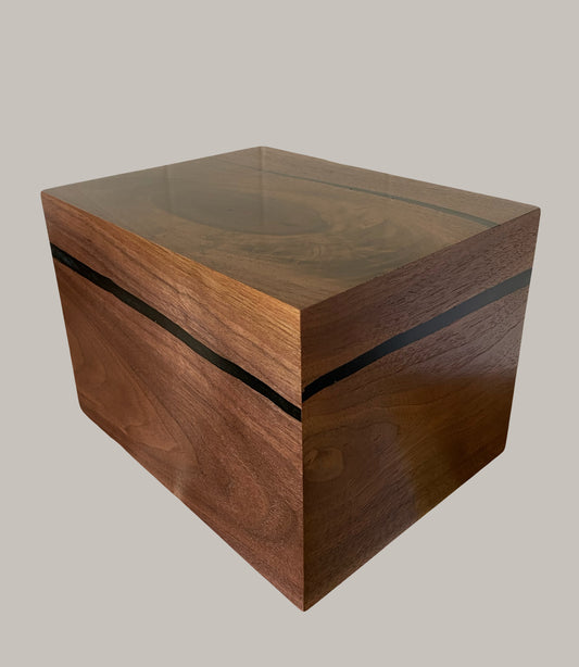 Minimalist Cremation Urn-Black Walnut, black epoxy, imperfect, bicolored for ashes, up to 290 pounds