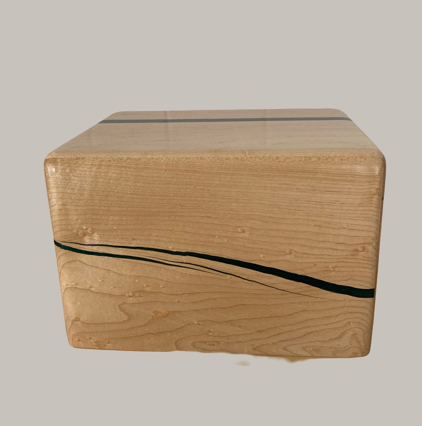 Minimalist Cremation Urn-Birdseye maple, green epoxy, imperfect wood, for Adult Human Ashes, up to 185 pounds