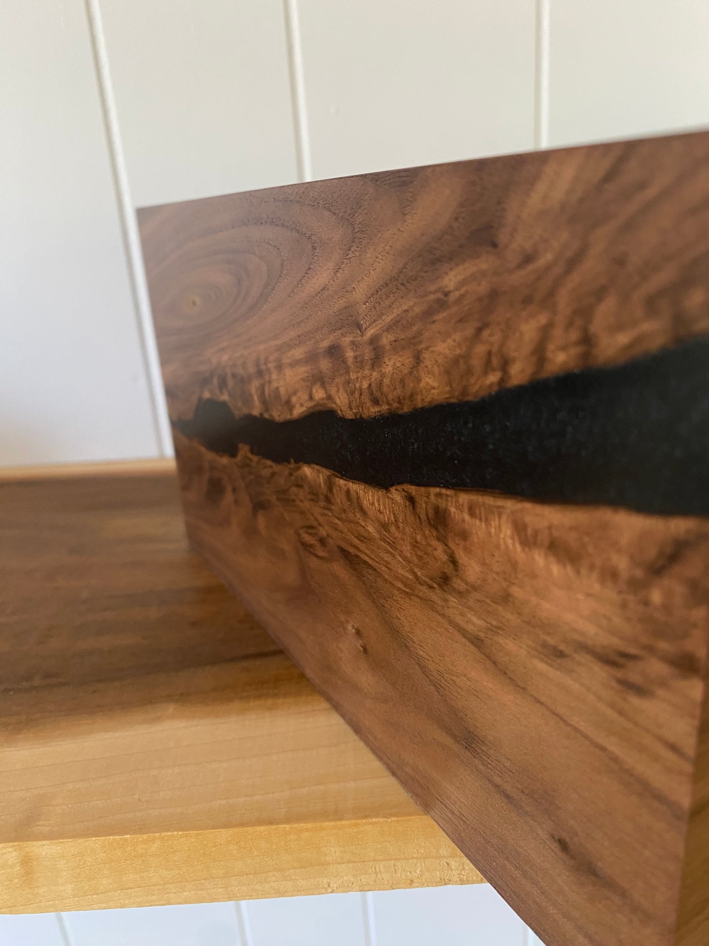 Minimalist Cremation Urn-Black Walnut, black epoxy for Adult Human Ashes, up to 140 pounds