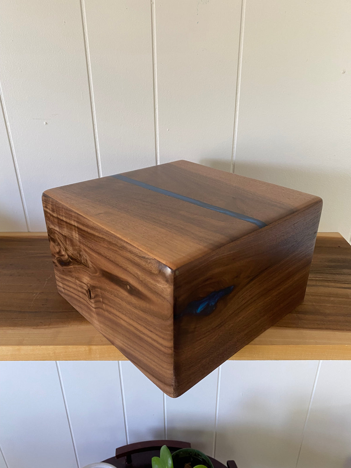 Minimalist Cremation Urn-Black, Walnut with blue epoxy for Adult Human Ashes, up to 200 pounds