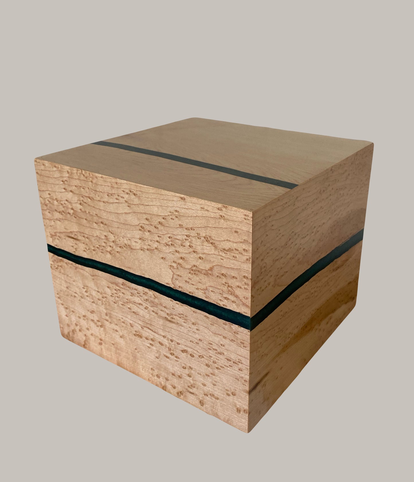 Minimalist Cremation Urn-Birdseye maple, green epoxy, imperfect wood, for Adult Human Ashes, up to 135 pounds