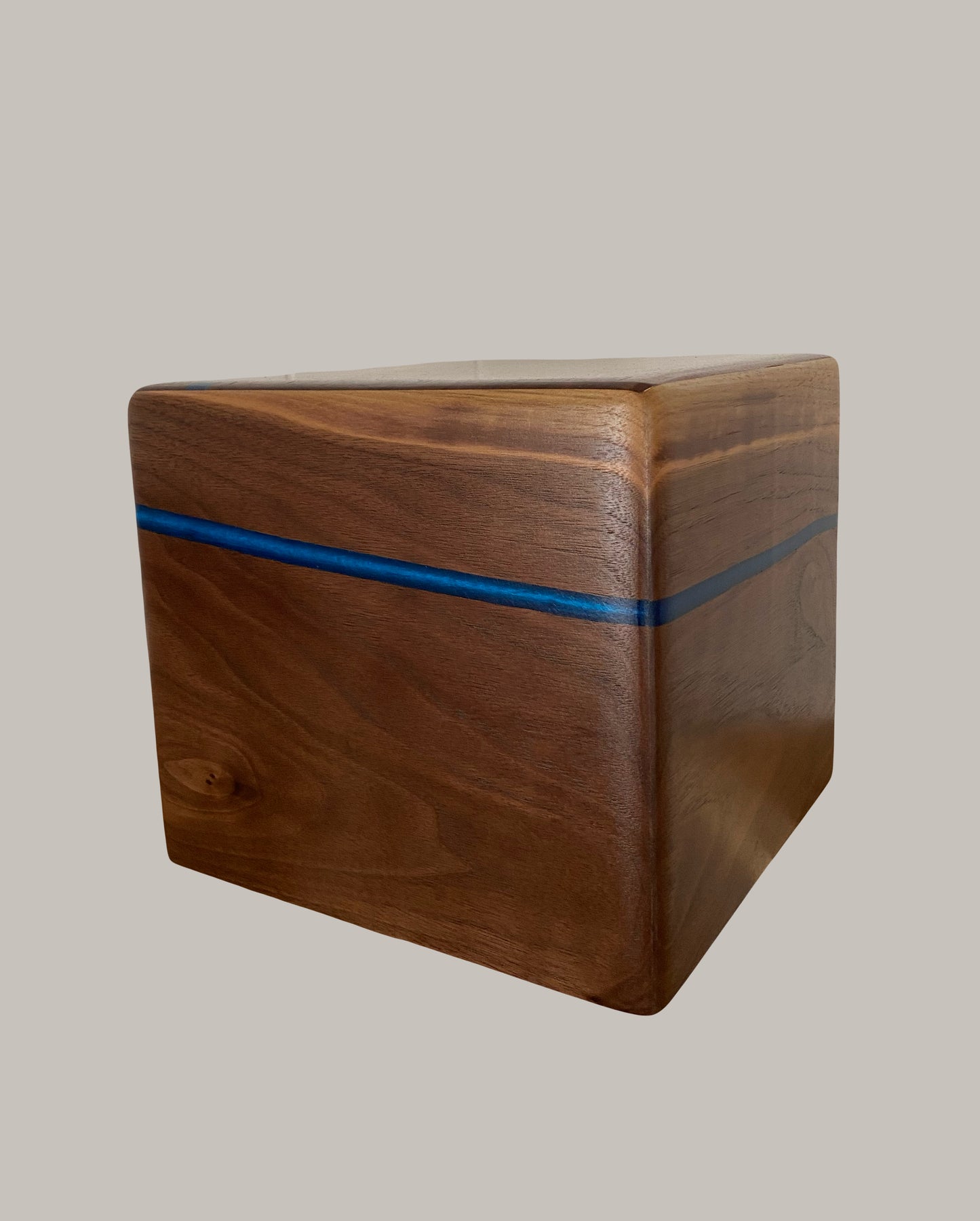 Minimalist Cremation Urn-Black Walnut, blue epoxy, imperfect, bicolored for ashes, up to 365 pounds