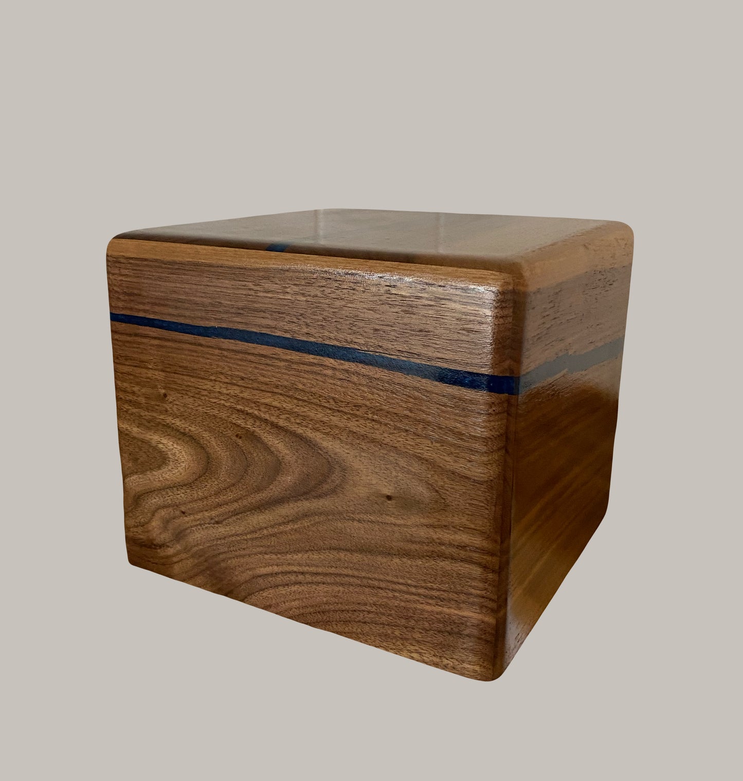 Minimalist Cremation Urn-Black Walnut, blue epoxy, imperfect, bicolored for ashes, up to 230 pounds