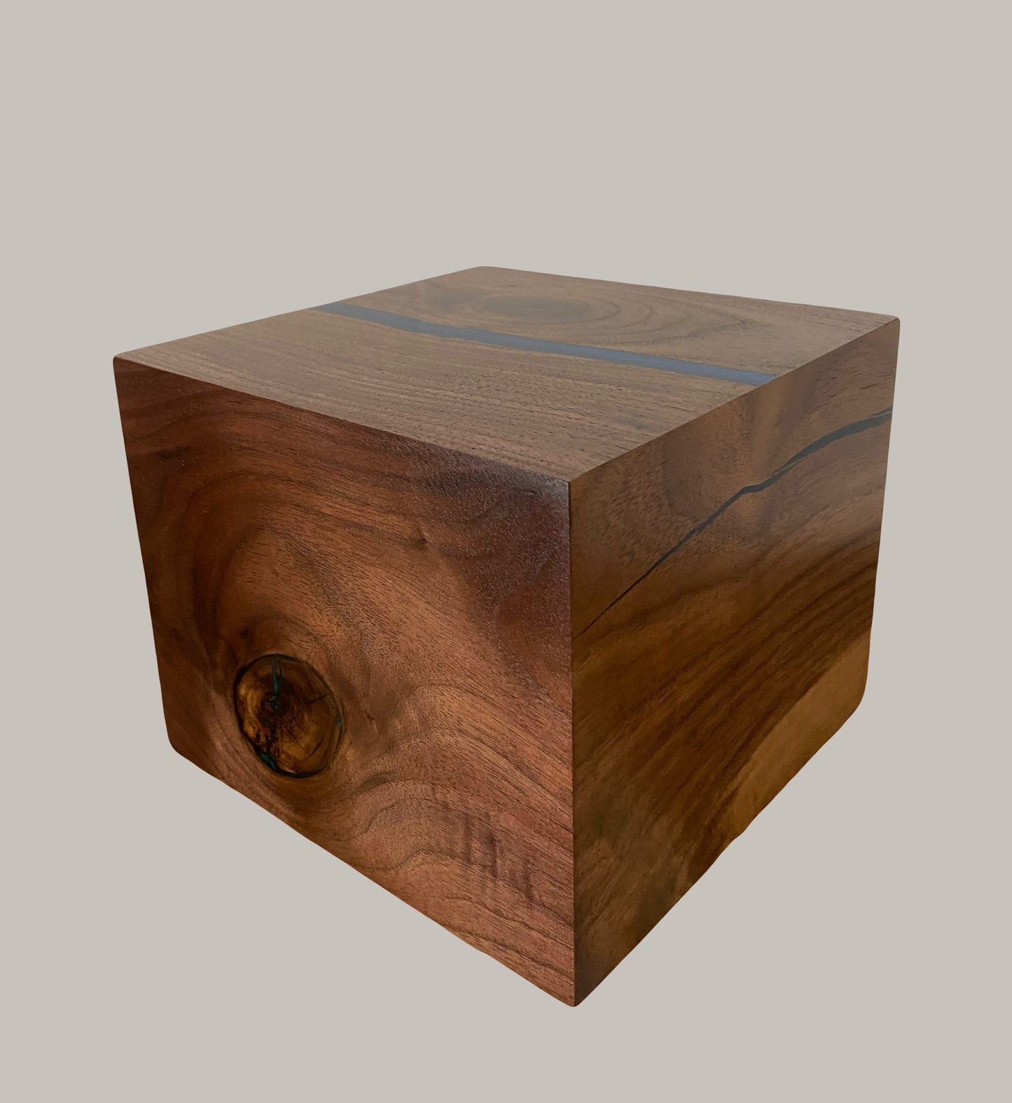 Handcrafted Cremation Urn-Black Walnut, blue and green epoxy, marbled imperfect wood, for Adult Human Ashes, up to 110 pounds