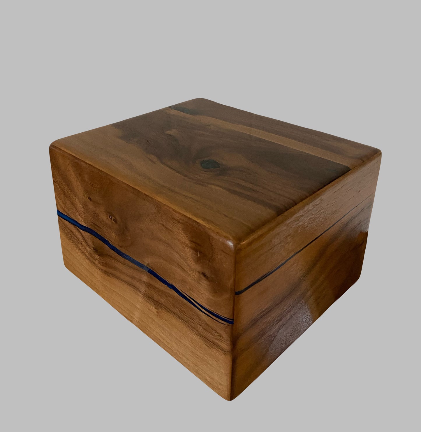 Minimalist Cremation Urn-Black Walnut, blue and green epoxy, bicolored imperfect wood, for Adult Human Ashes, up to 300 pounds