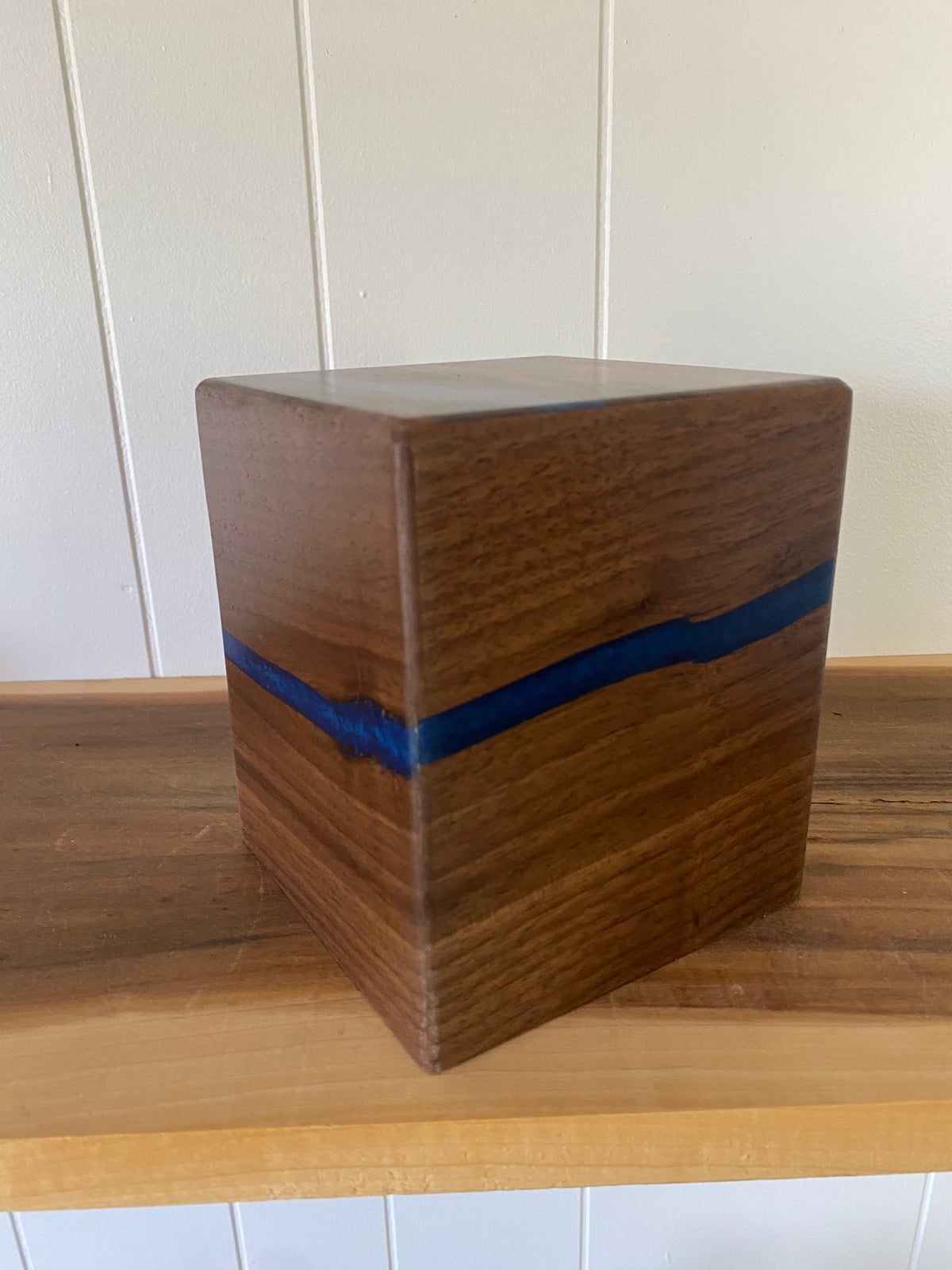 Minimalist Cremation Urn-Black Walnut, blue epoxy for Adult Human Ashes, up to 50 pounds