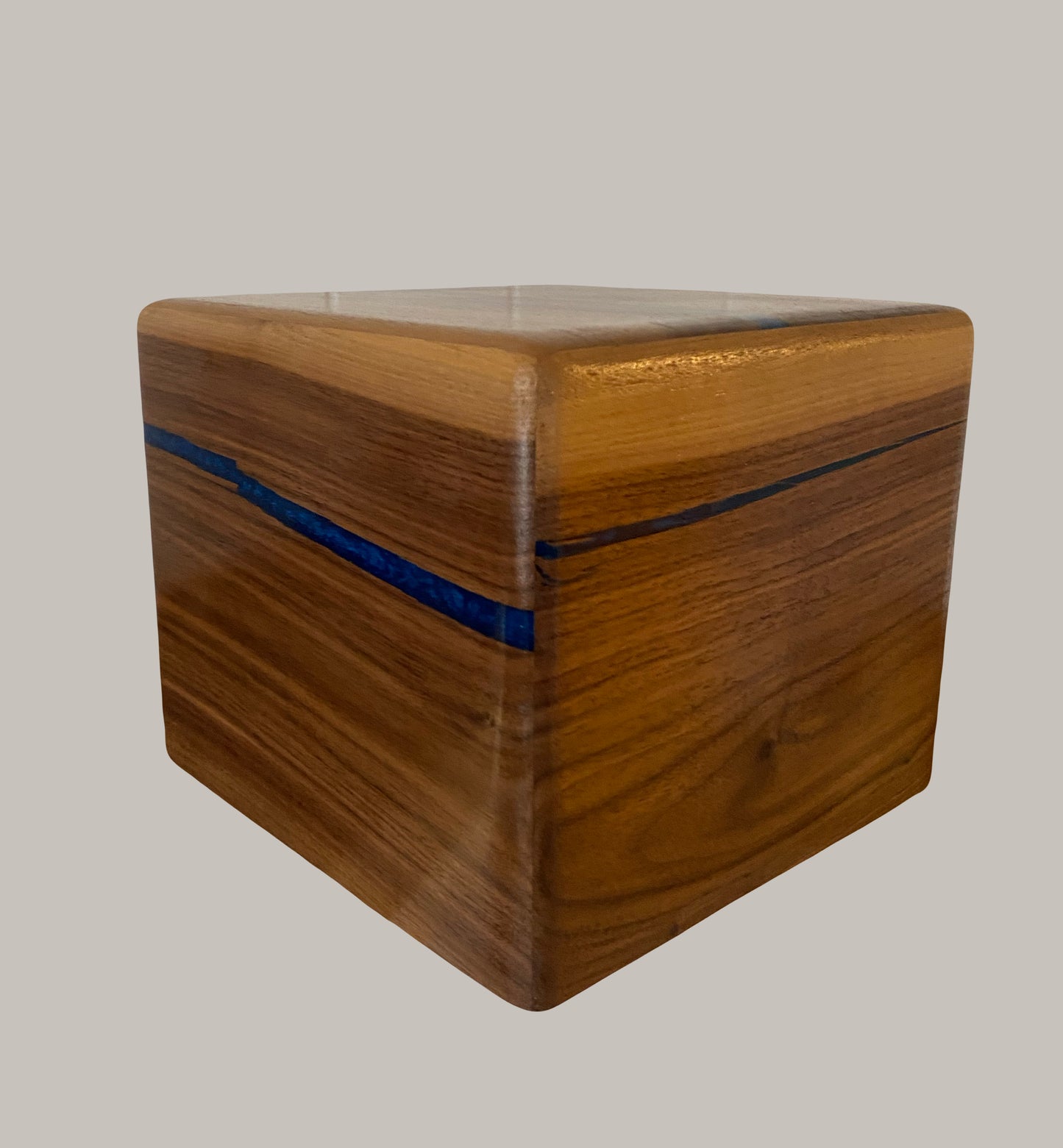 Minimalist Cremation Urn-Black Walnut, blue epoxy, imperfect, bicolored for ashes, up to 230 pounds