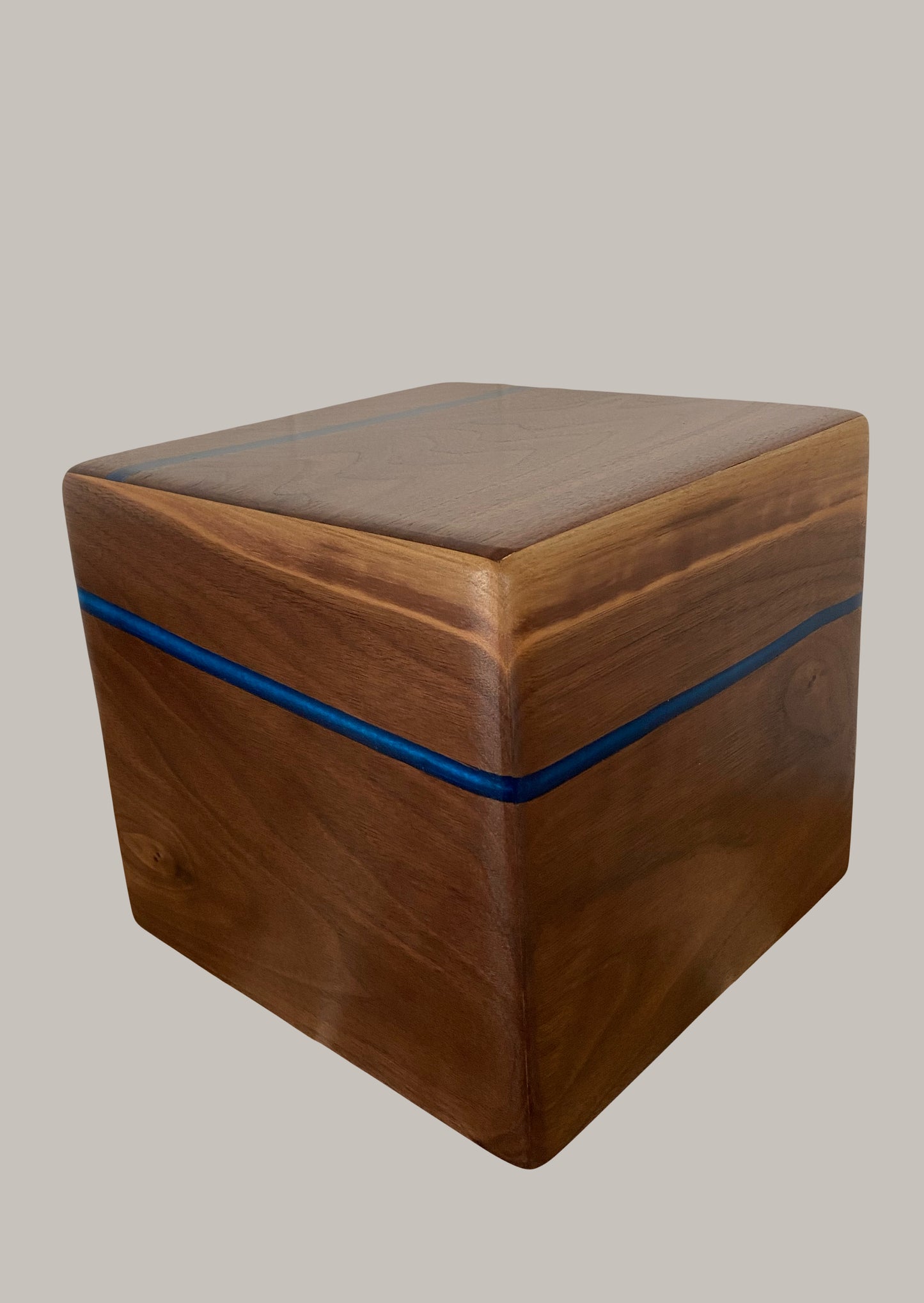 Minimalist Cremation Urn-Black Walnut, blue epoxy, imperfect, bicolored for ashes, up to 365 pounds