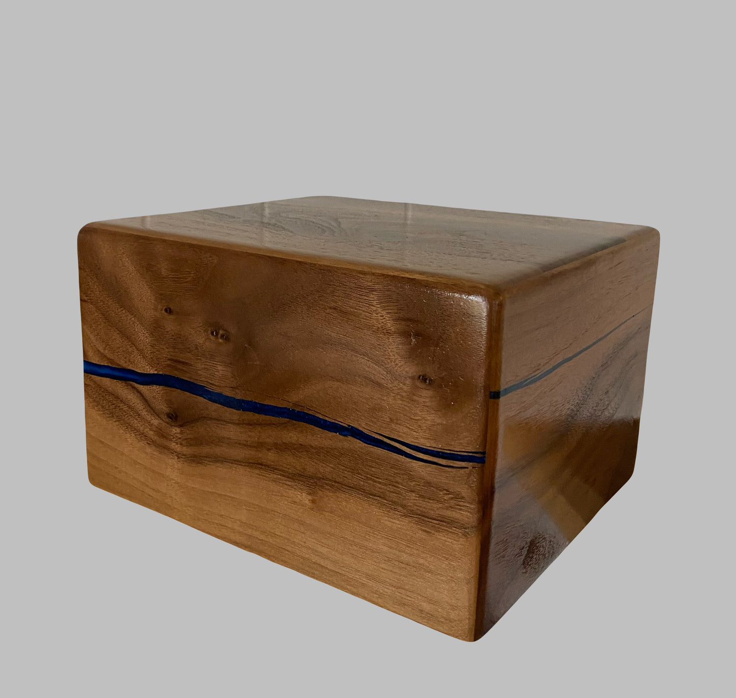 Minimalist Cremation Urn-Black Walnut, blue and green epoxy, bicolored imperfect wood, for Adult Human Ashes, up to 300 pounds