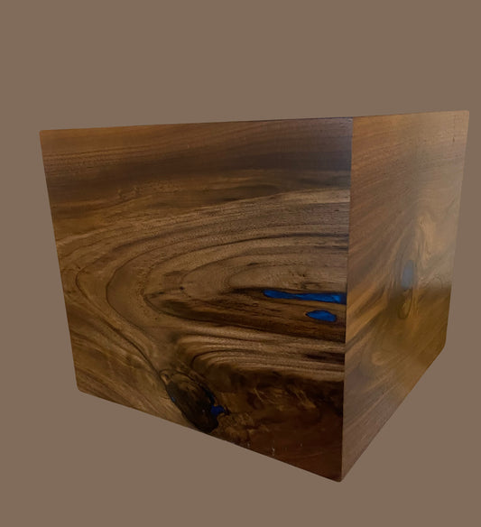 Minimalist Cremation Urn-Black Walnut, blue epoxy, imperfect, knotty, for ashes, up to 365pounds