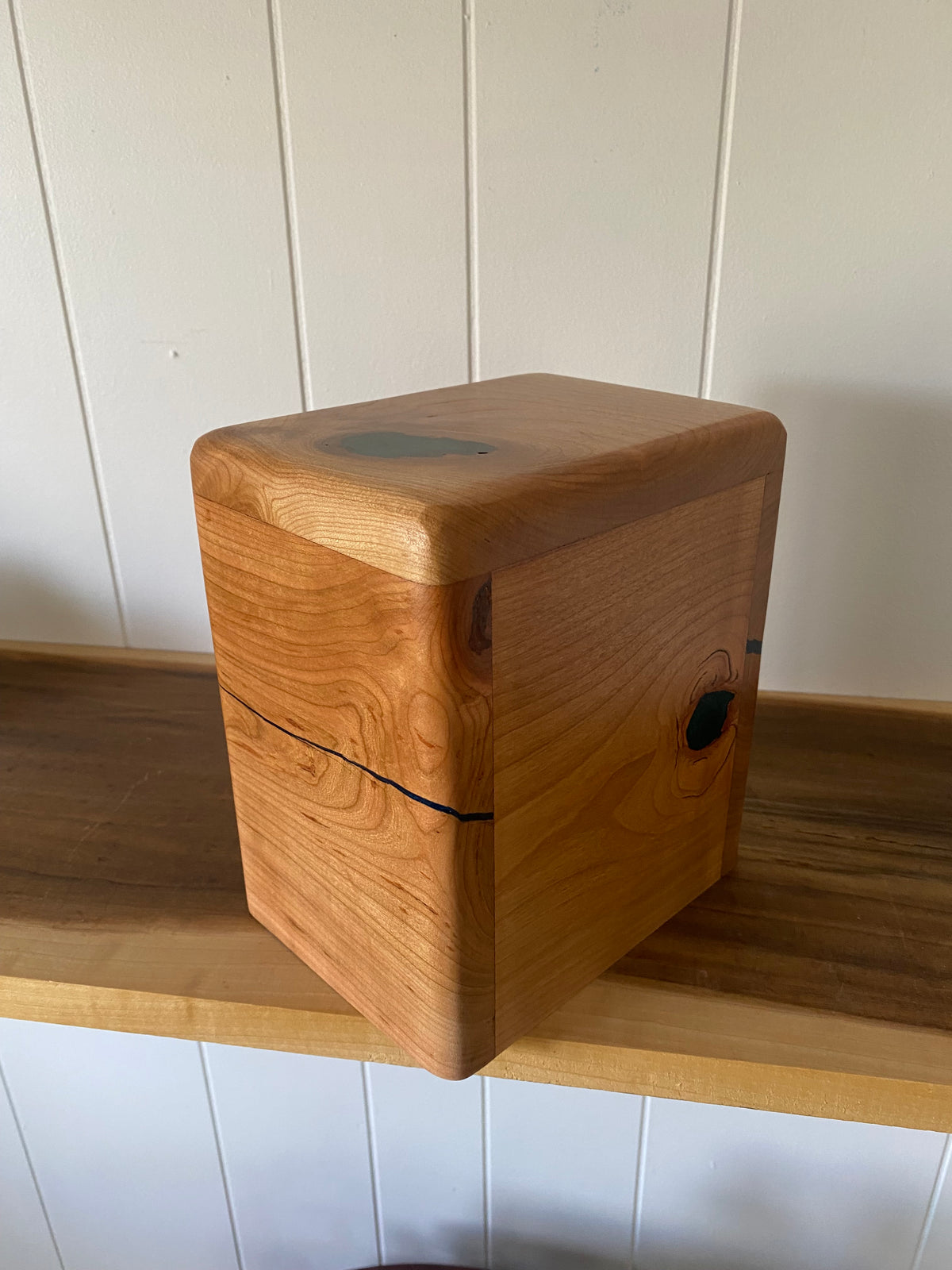 Minimalist Cremation Companion Urn-Cherry with green and blue epoxy, for Ashes, up to 100 pounds