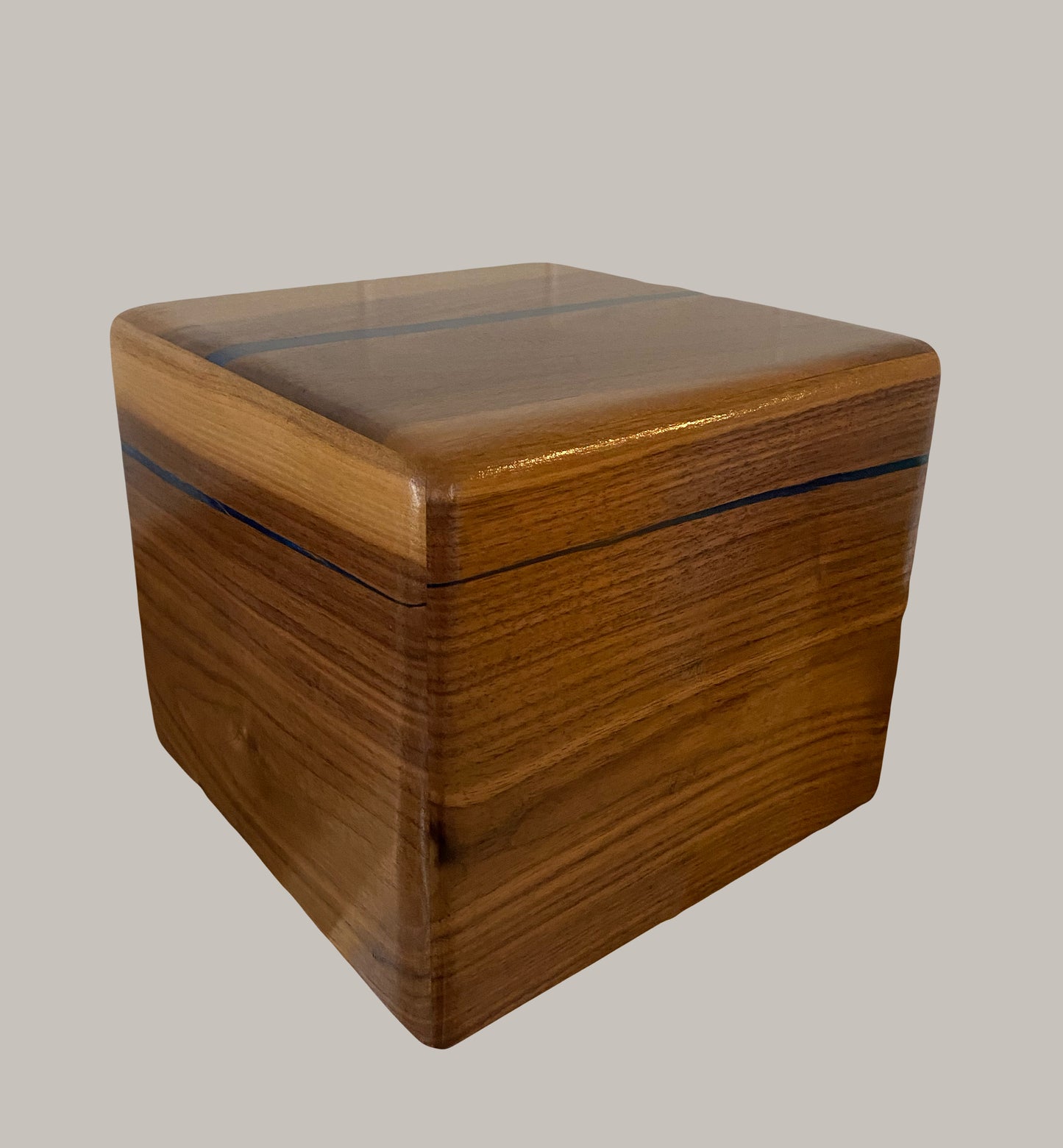 Minimalist Cremation Urn-Black Walnut, blue epoxy, imperfect, bicolored for ashes, up to 230 pounds