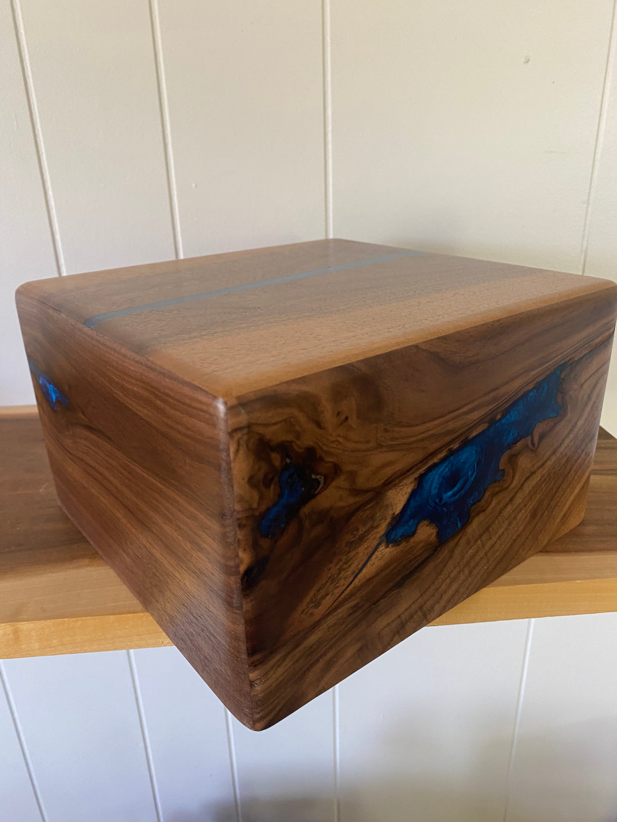 Minimalist Cremation Urn-Black, Walnut with blue epoxy for Adult Human Ashes, up to 200 pounds