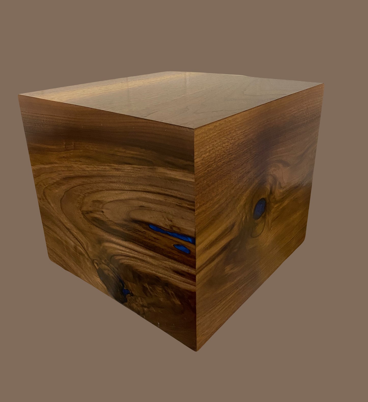 Minimalist Cremation Urn-Black Walnut, blue epoxy, imperfect, knotty, for ashes, up to 365pounds