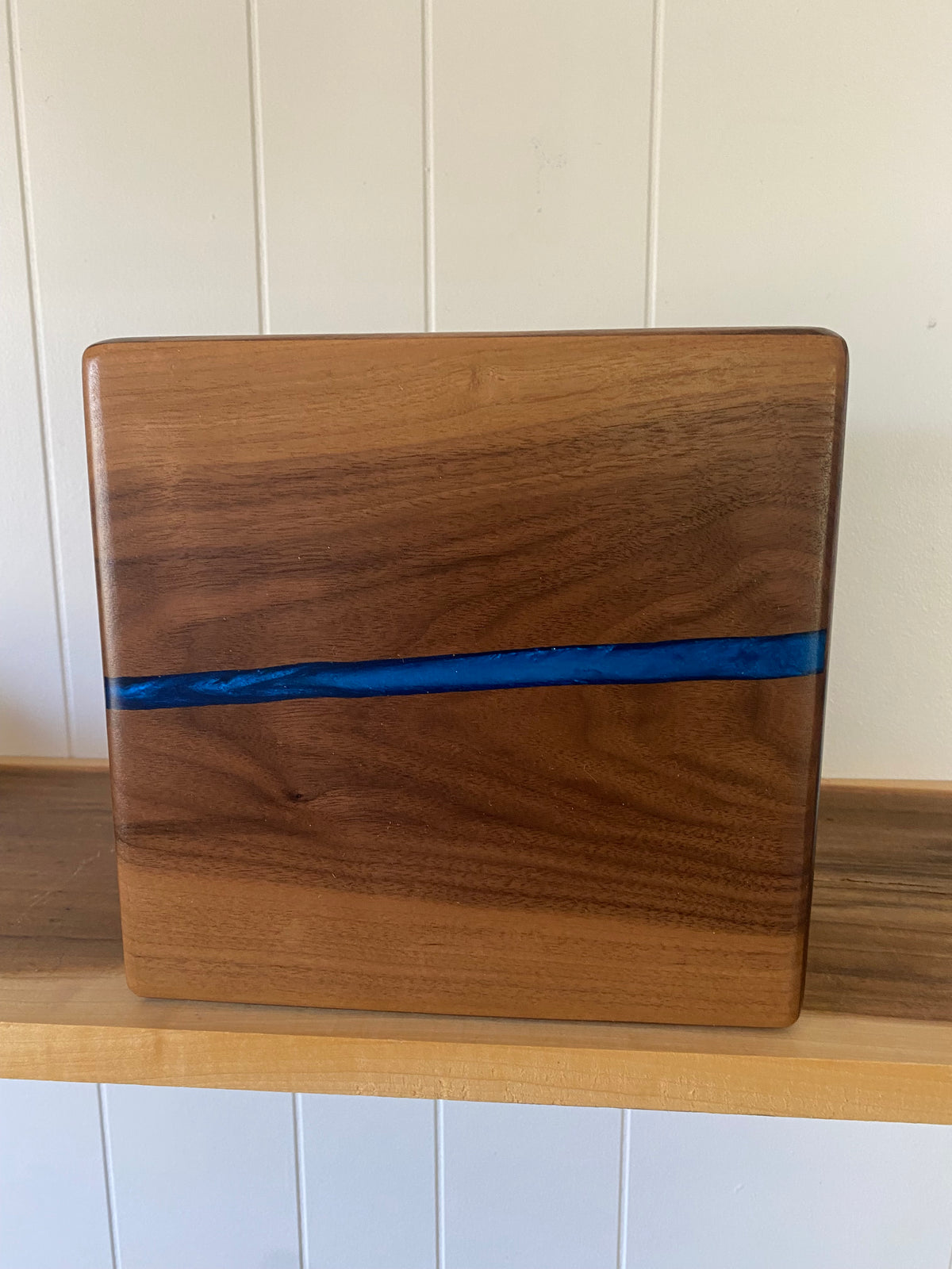 Minimalist Cremation Urn-Black, Walnut with blue epoxy for Adult Human Ashes, up to 200 pounds