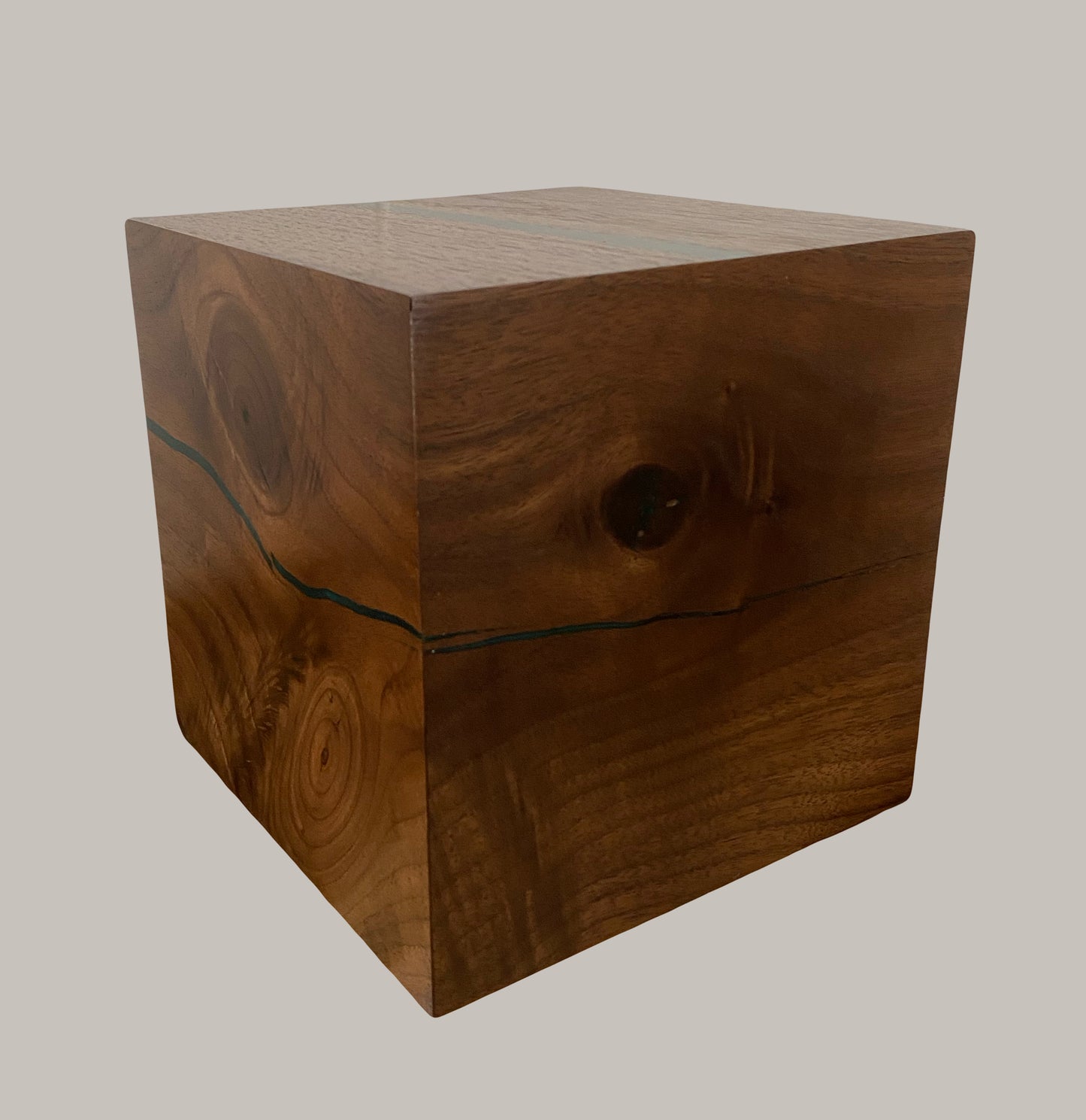 Minimalist Cremation Urn-Black Walnut, green epoxy, imperfect wood, for Adult Human Ashes, up to 150 pounds