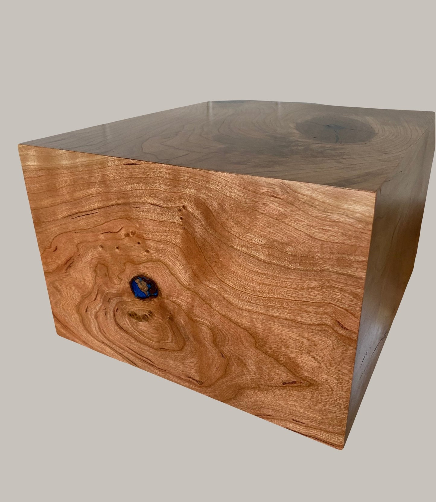 Minimalist Cremation Urn-Aged Cherry, black and blue epoxy, marbled imperfect wood, for Adult Human Ashes, up to 400 pounds