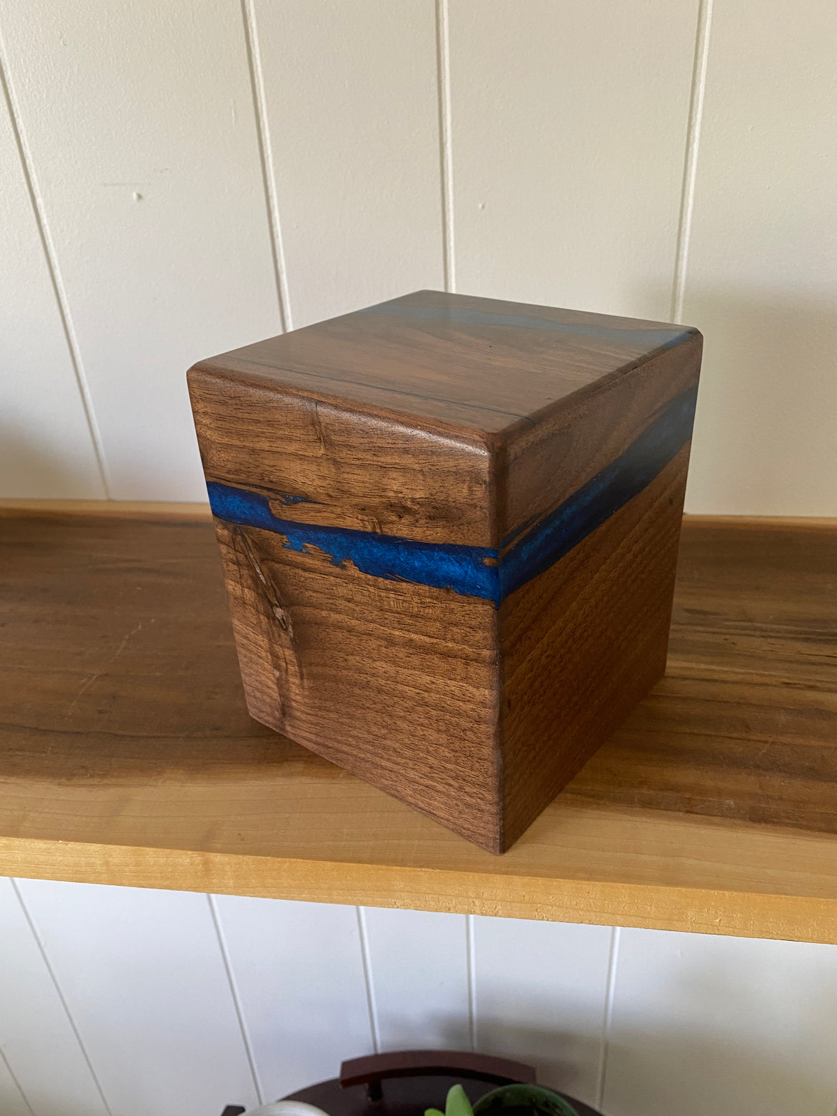 Minimalist Cremation Urn-Black Walnut, blue epoxy for Adult Human Ashes, up to 50 pounds