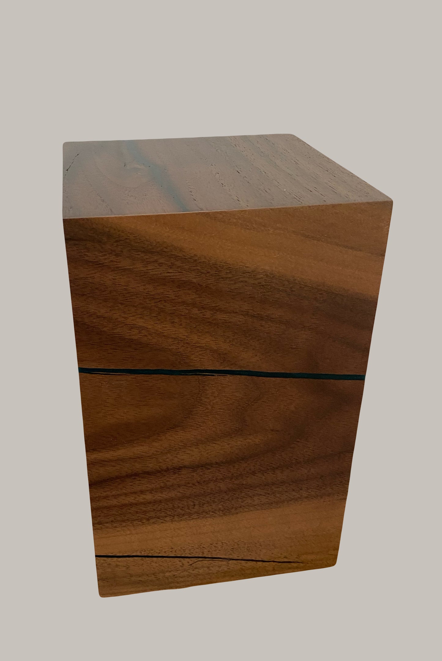 Minimalist Cremation Urn-Black Walnut, blue black epoxy, marbled imperfect wood, up to 70 pounds