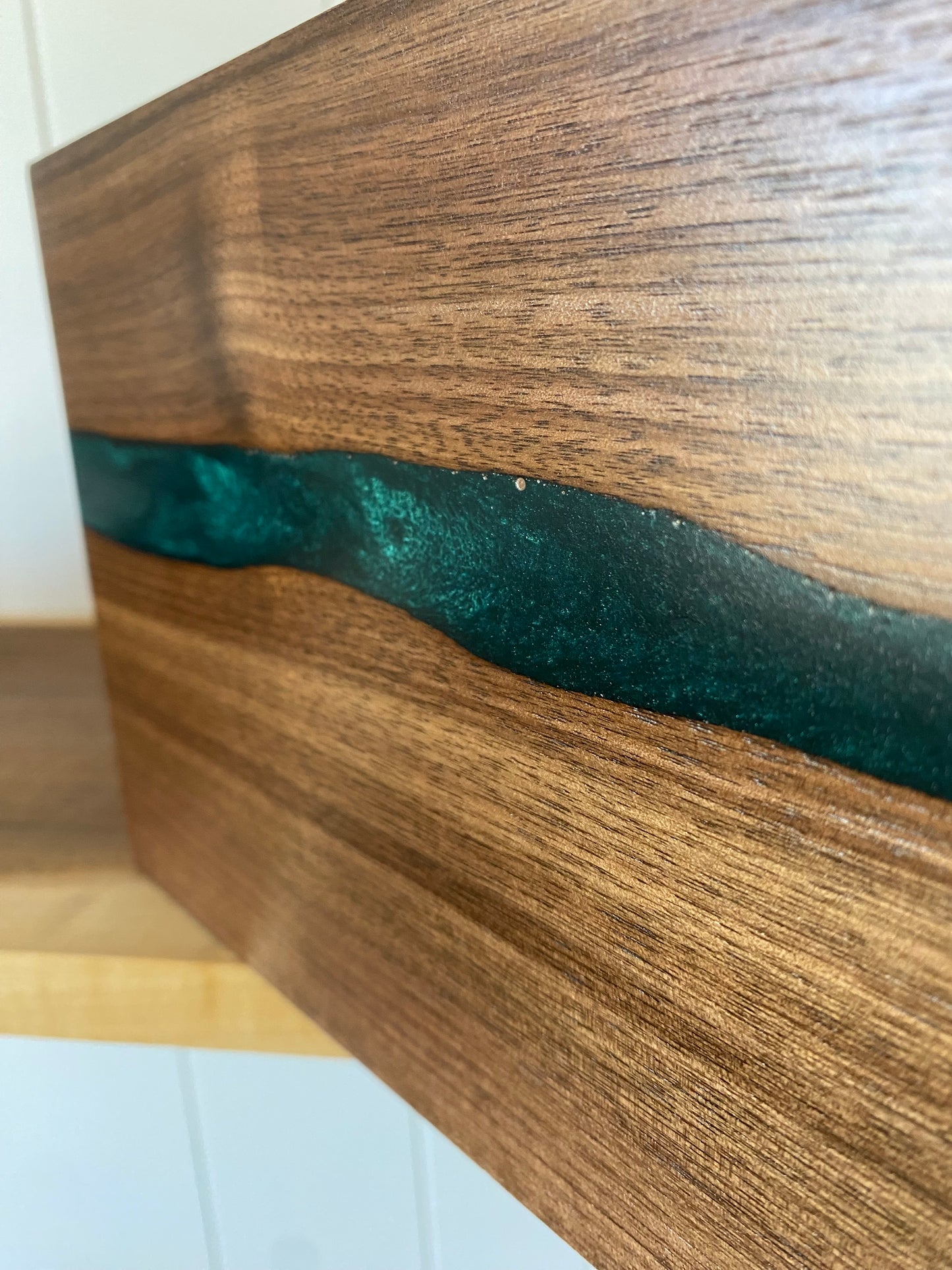 Minimalist Cremation Urn-Black Walnut, blue and green epoxy for Adult Human Ashes, up to 280pounds