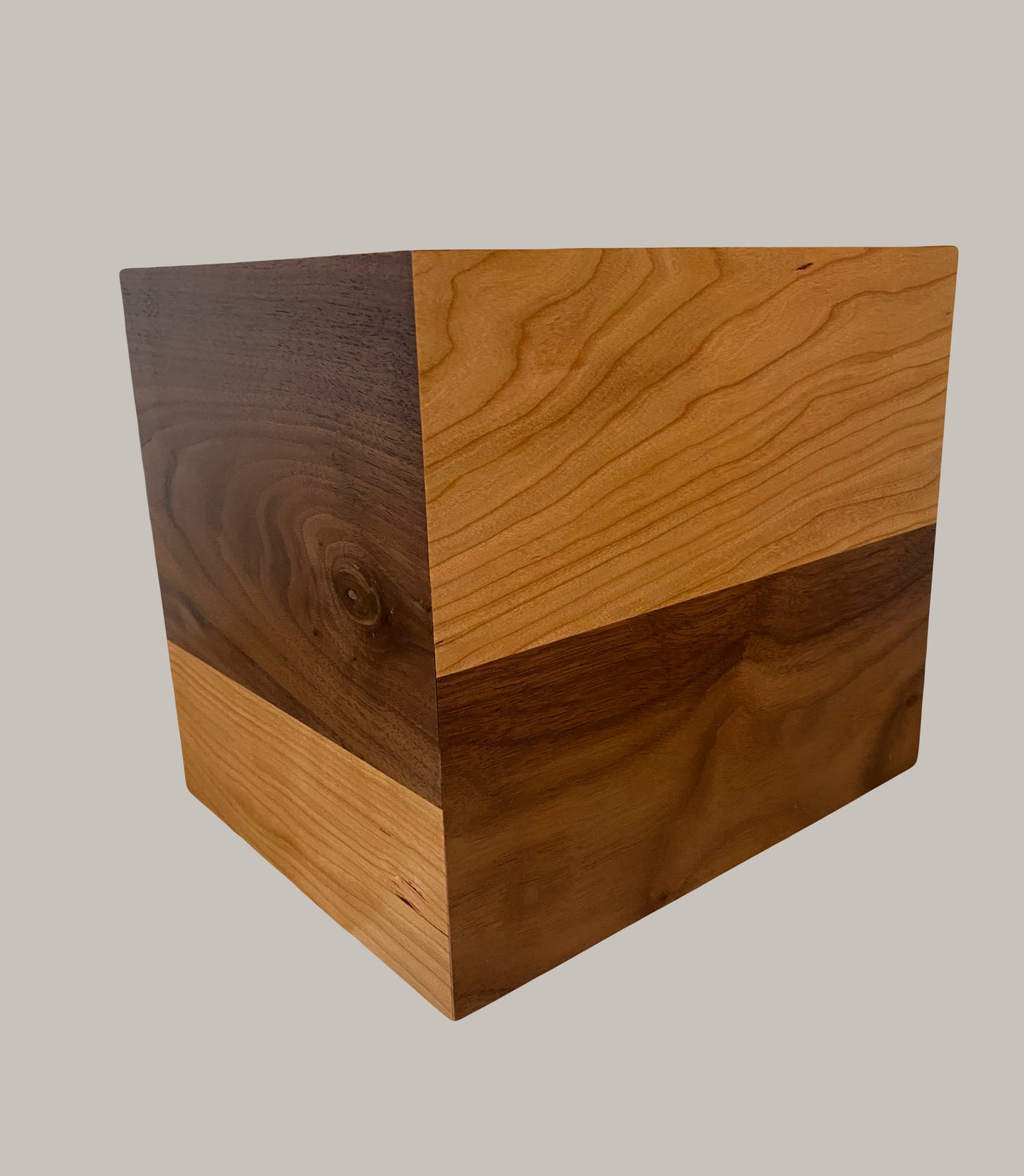 Minimalist Cremation Urn-Black Walnut and Swirly Cherry, for Adult Human Ashes, up to 240 pounds