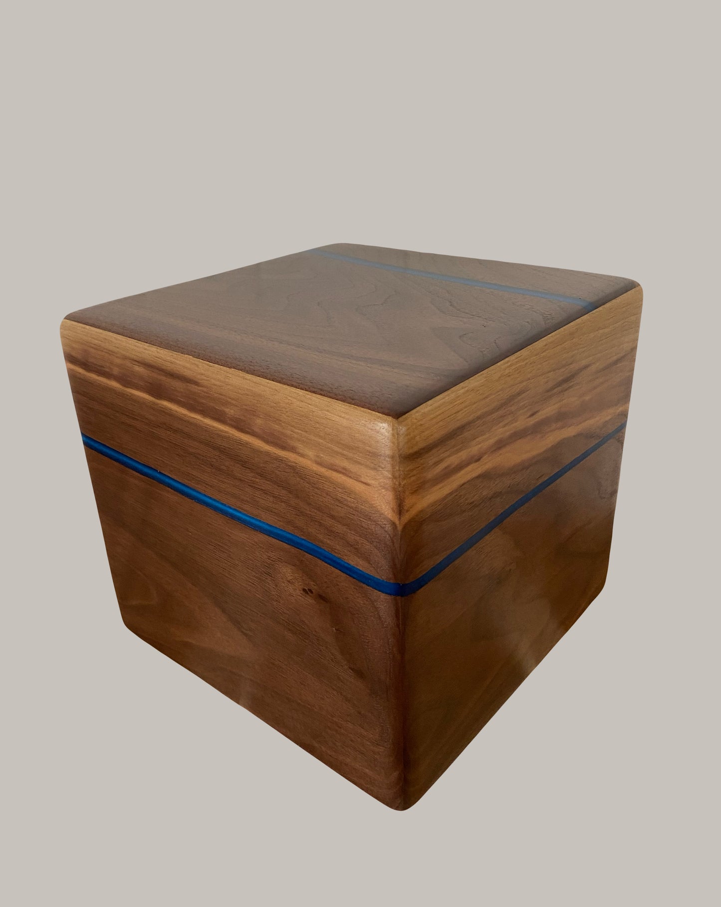 Minimalist Cremation Urn-Black Walnut, blue epoxy, imperfect, bicolored for ashes, up to 365 pounds