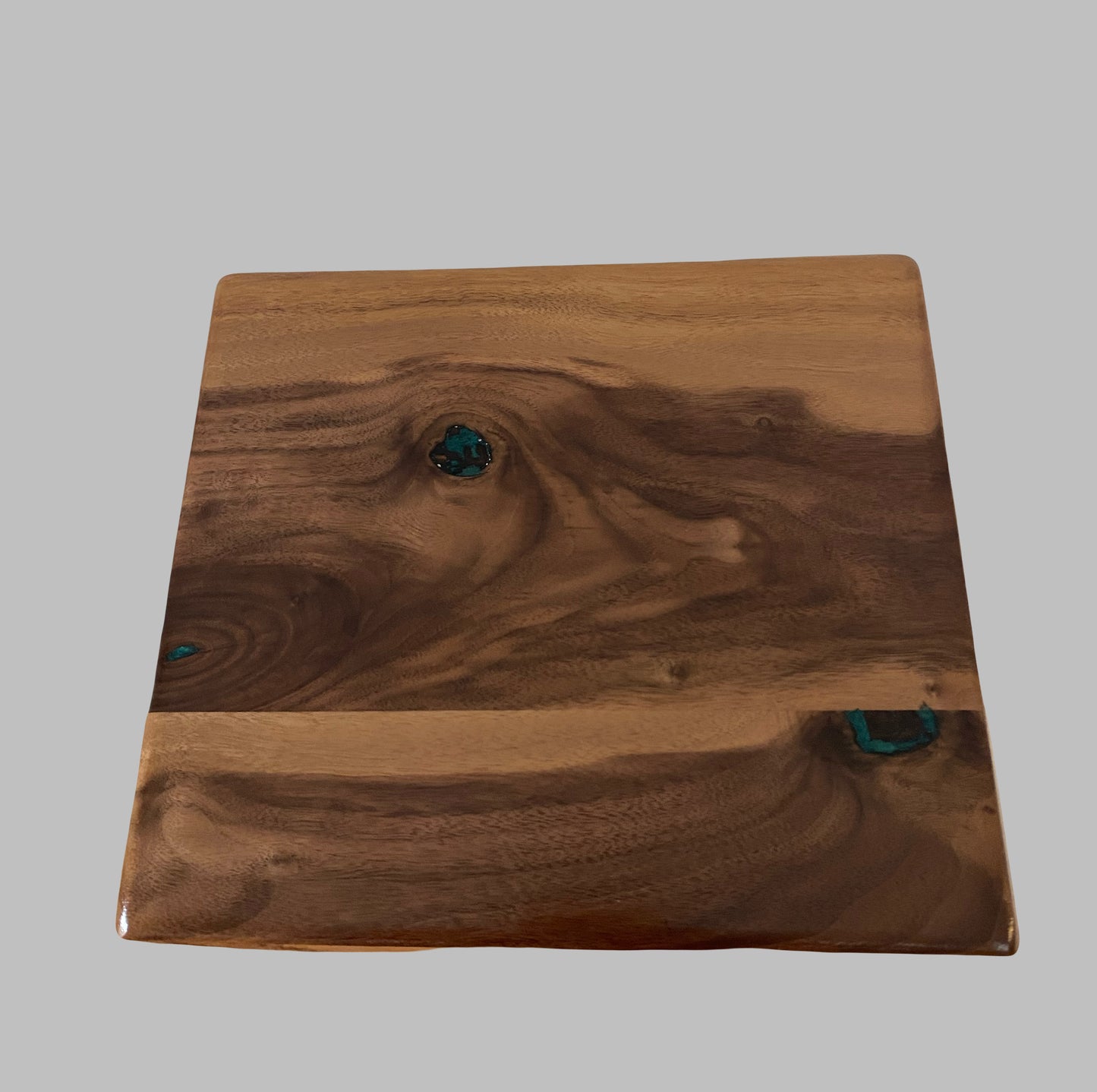 Minimalist Cremation Urn-Black Walnut, blue and green epoxy, bicolored imperfect wood, for Adult Human Ashes, up to 300 pounds