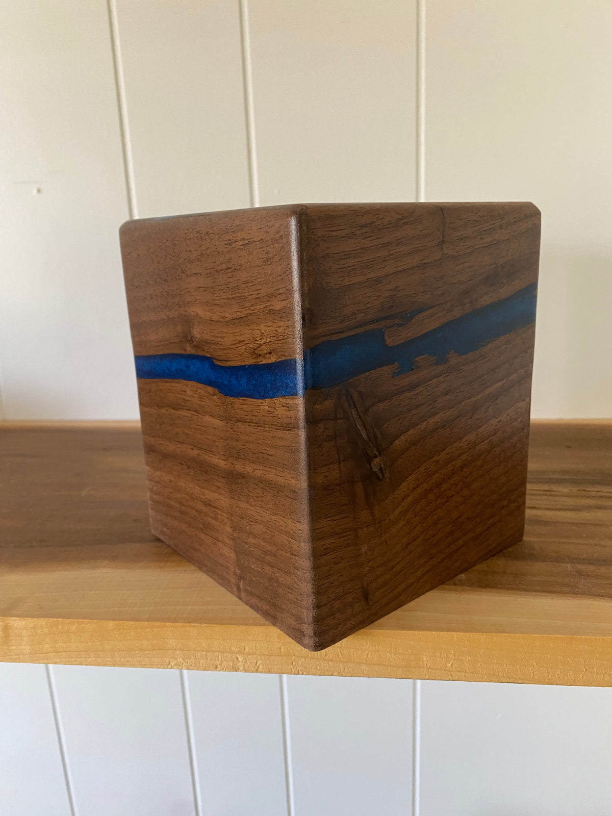Minimalist Cremation Urn-Black Walnut, blue epoxy for Adult Human Ashes, up to 50 pounds