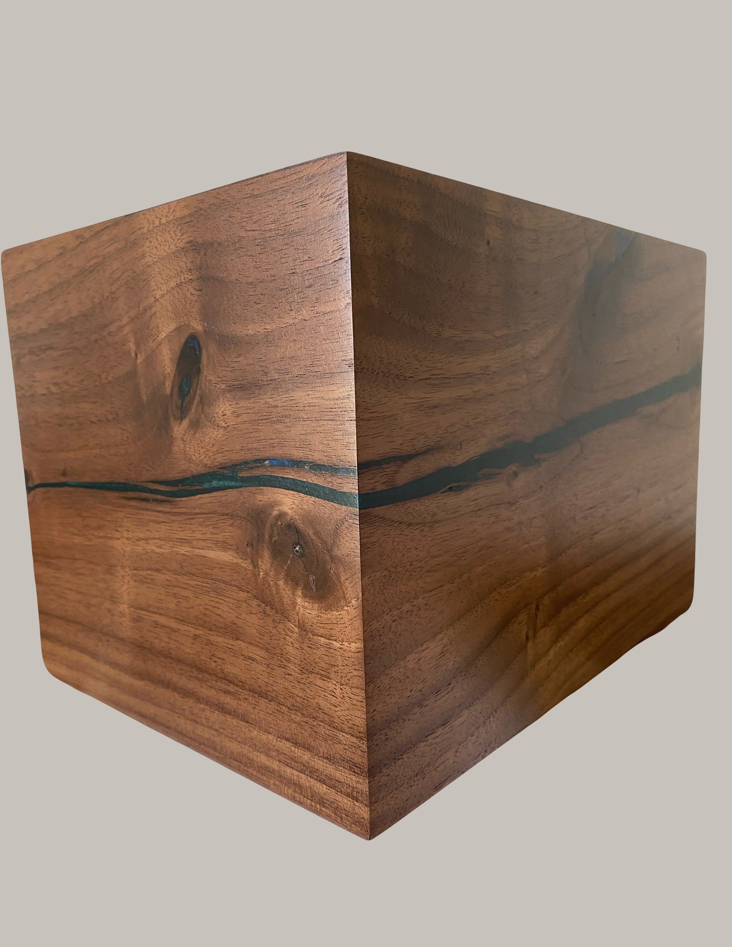 Minimalist Cremation Urn-Black Walnut, green and blue epoxy, imperfect wood, for Adult Human Ashes, up to 280 pounds