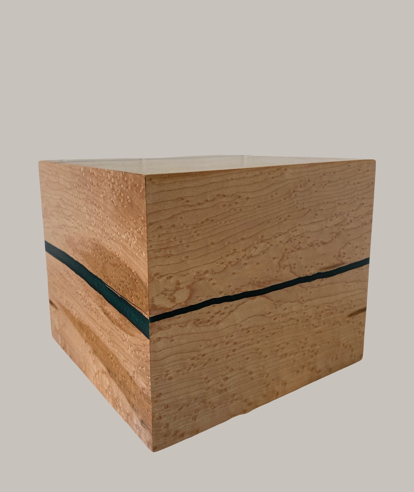 Minimalist Cremation Urn-Birdseye maple, green epoxy, imperfect wood, for Adult Human Ashes, up to 135 pounds