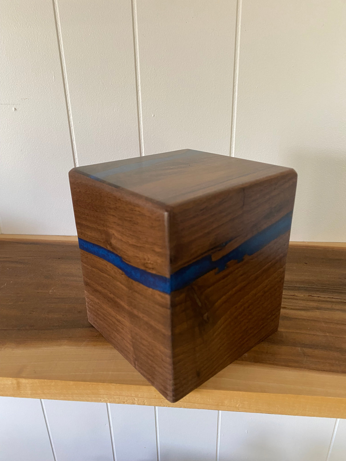 Minimalist Cremation Urn-Black Walnut, blue epoxy for Adult Human Ashes, up to 50 pounds