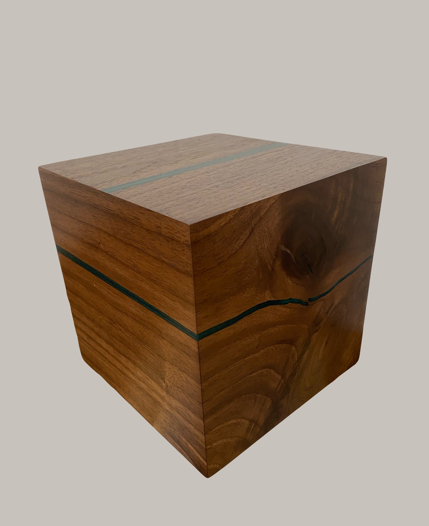 Minimalist Cremation Urn-Black Walnut, green epoxy, imperfect wood, for Adult Human Ashes, up to 150 pounds