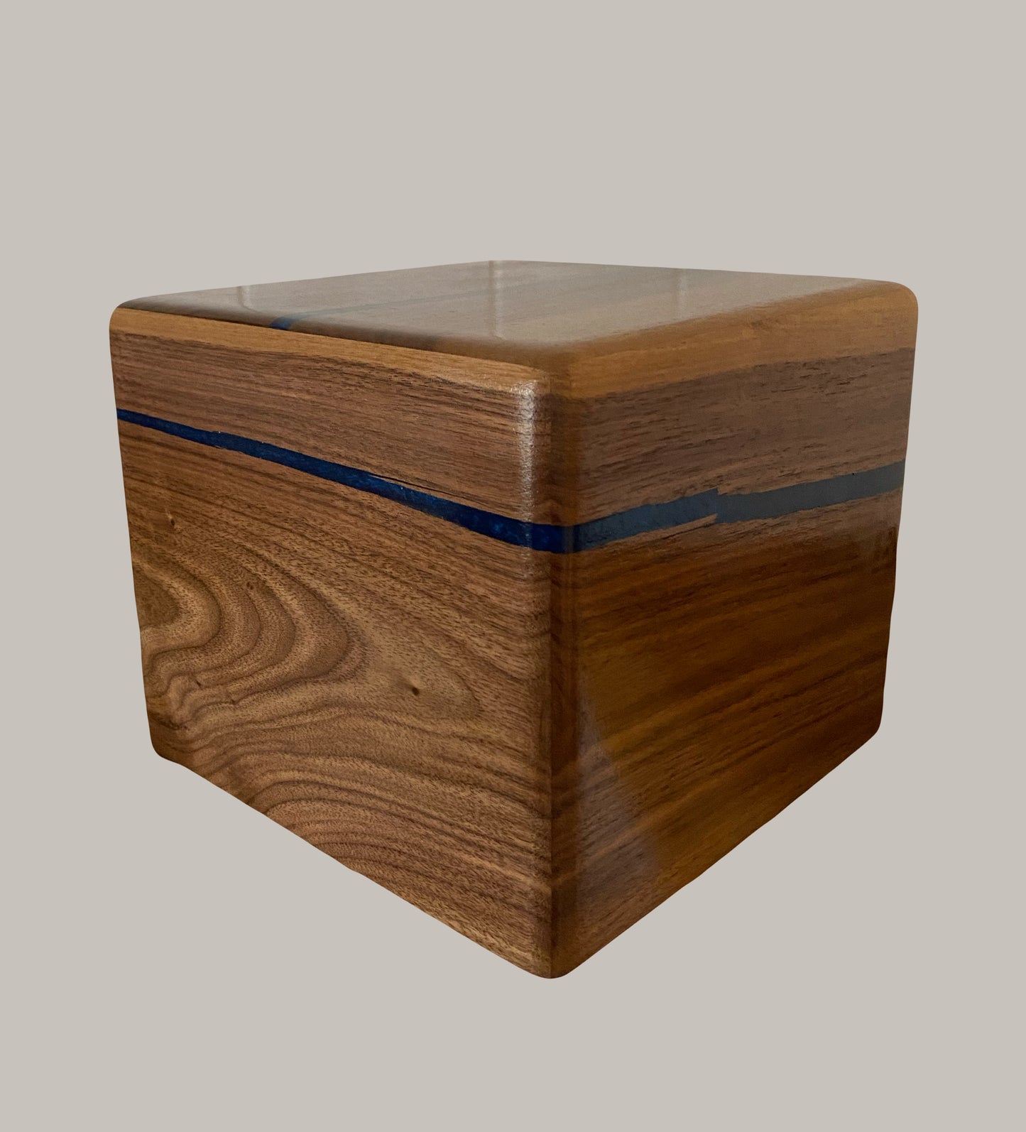 Minimalist Cremation Urn-Black Walnut, blue epoxy, imperfect, bicolored for ashes, up to 230 pounds