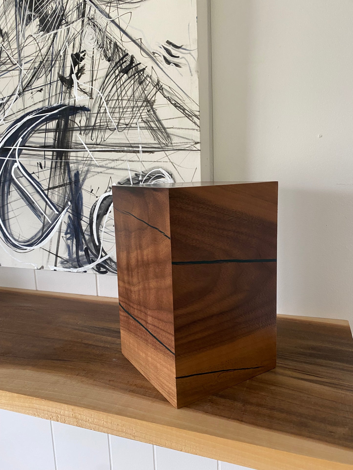 Minimalist Cremation Urn-Black Walnut, blue black epoxy, marbled imperfect wood, up to 70 pounds