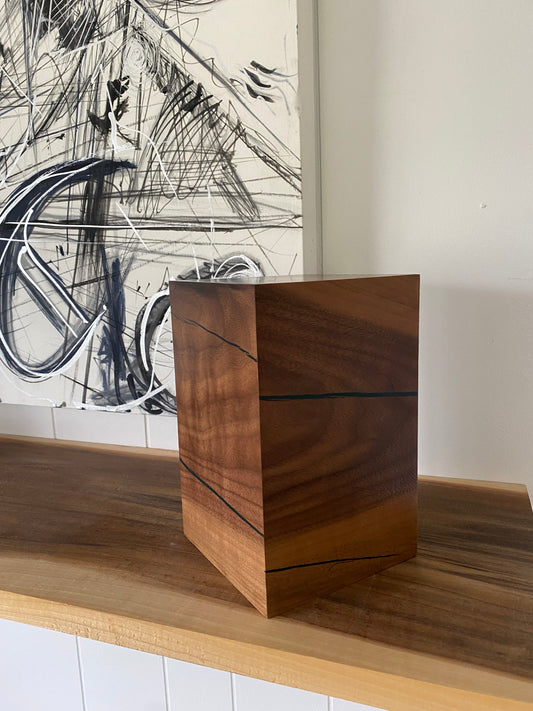 Minimalist Cremation Urn-Black Walnut, blue black epoxy, marbled imperfect wood, up to 70 pounds
