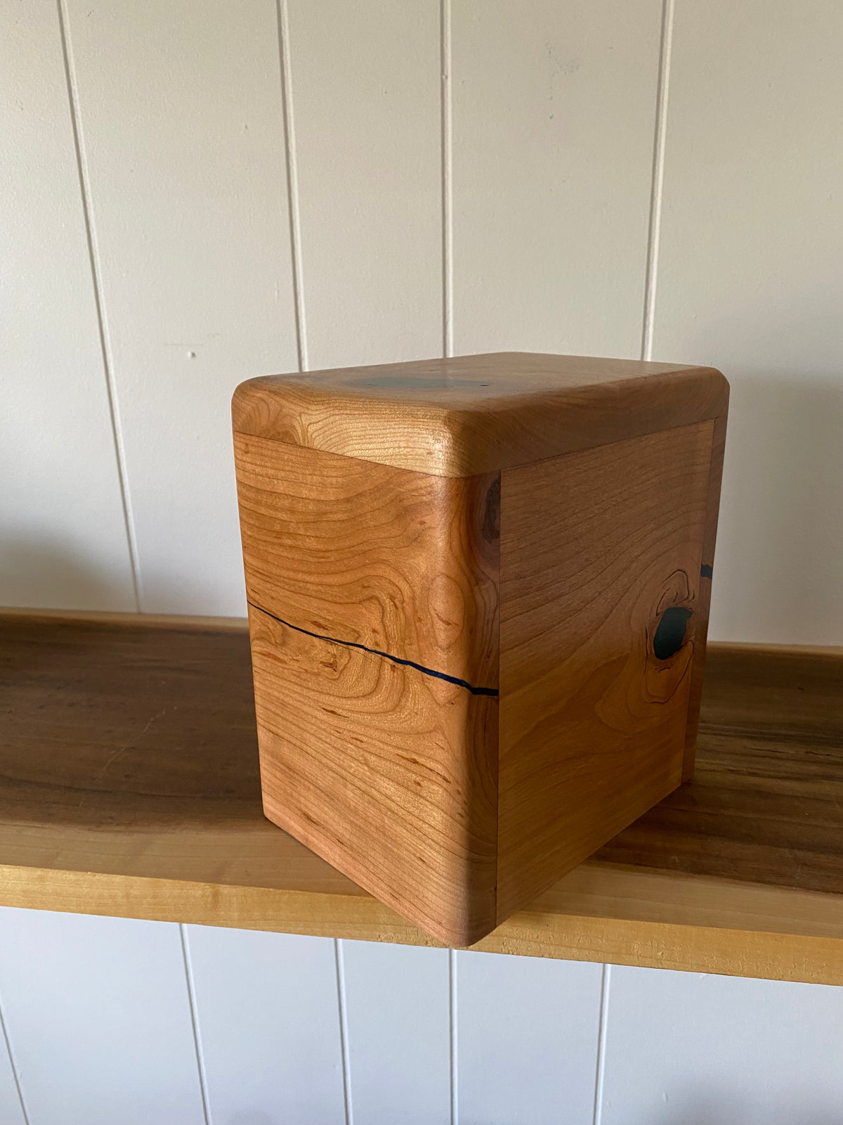 Minimalist Cremation Companion Urn-Cherry with green and blue epoxy, for Ashes, up to 100 pounds