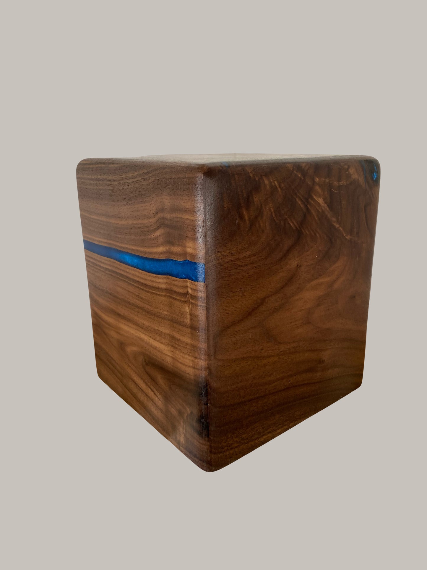 Minimalist Cremation Urn-Black Walnut, blue epoxy, imperfect, bicolored for ashes, up to 200 pounds