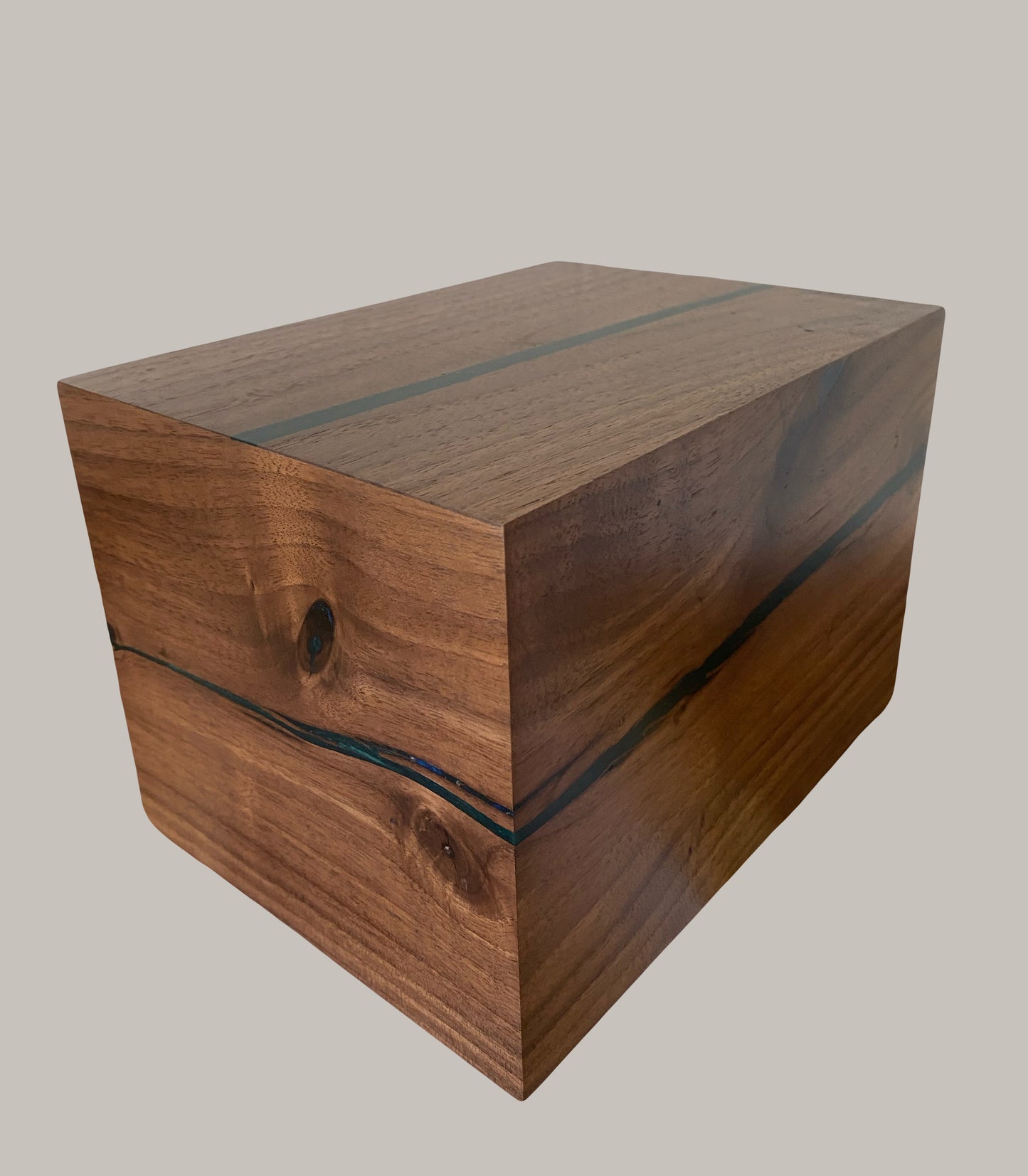 Minimalist Cremation Urn-Black Walnut, green and blue epoxy, imperfect wood, for Adult Human Ashes, up to 280 pounds