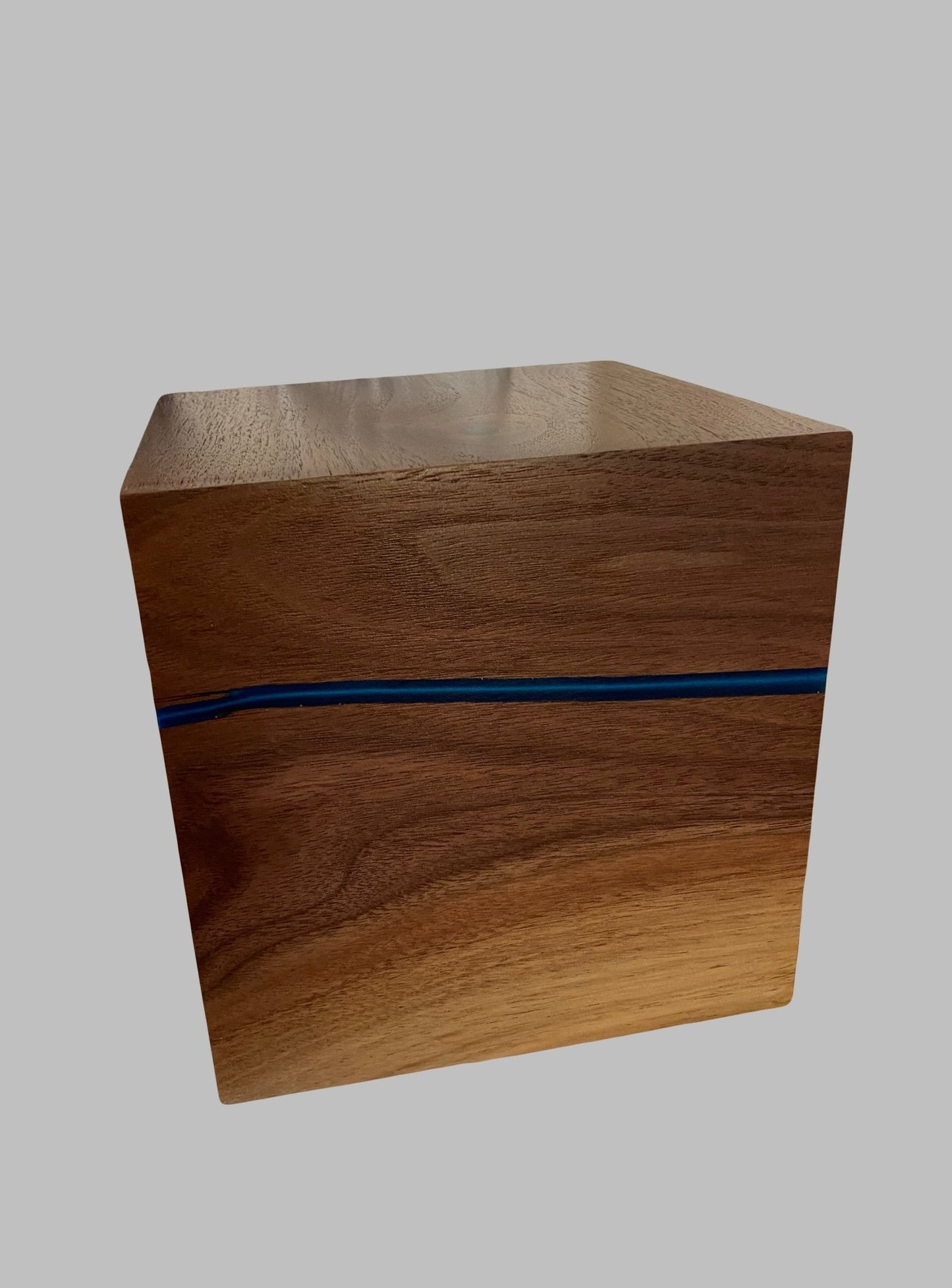 Minimalist Cremation Urn-Black Walnut, blue epoxy, marbled imperfect wood, for Adult Human Ashes, up to 215 pounds