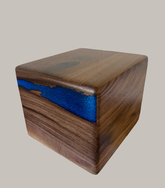 Minimalist Cremation Urn-Black Walnut, blue epoxy, marbled imperfect wood, for Adult Human Ashes, up to 290 pounds