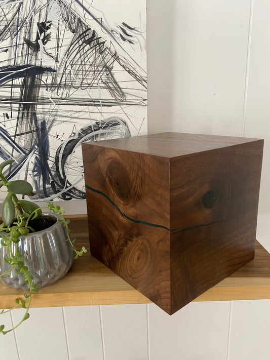 Minimalist Cremation Urn-Black Walnut, green epoxy, imperfect wood, for Adult Human Ashes, up to 150 pounds