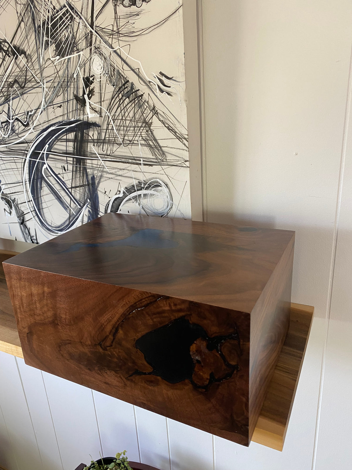 Minimalist Cremation Urn-Black, Walnut, black, green and blue epoxy for Adult Human Ashes, up to 325 pounds